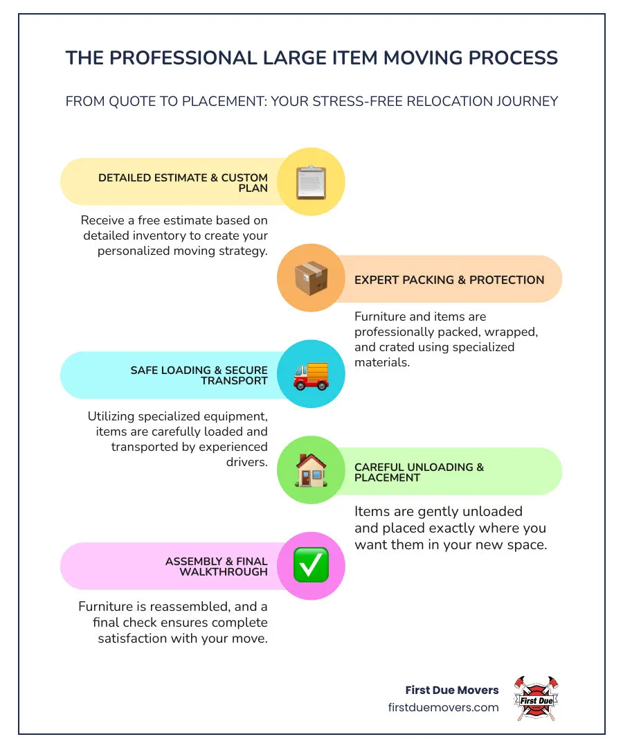 Infographic showing the professional large item moving process: 1. Free in-home or virtual estimate with detailed inventory, 2. Customized moving plan with specialized equipment identified, 3. Professional packing and protection of furniture, 4. Safe loading using proper techniques and materials, 5. Secure transport with experienced drivers, 6. Careful unloading and placement in your new space, 7. Assembly and final walkthrough to ensure satisfaction - best rated furniture & large item moves in preston wa infographic infographic-line-5-steps-colors
