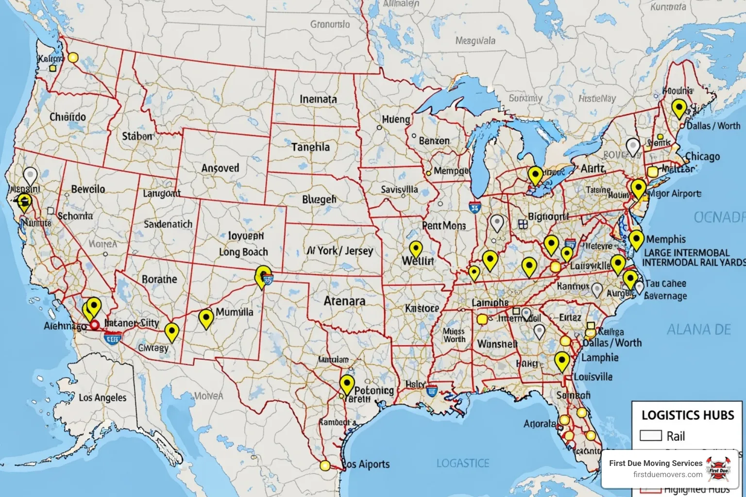 map highlighting key logistics hubs - flexible warehouse space