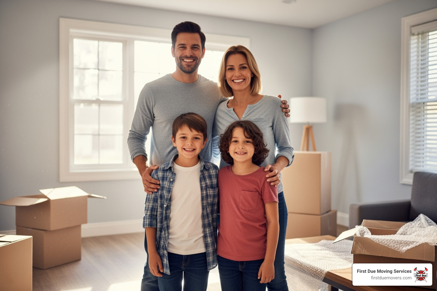 family smiling in their new, unpacked home - trustworthy moving company
