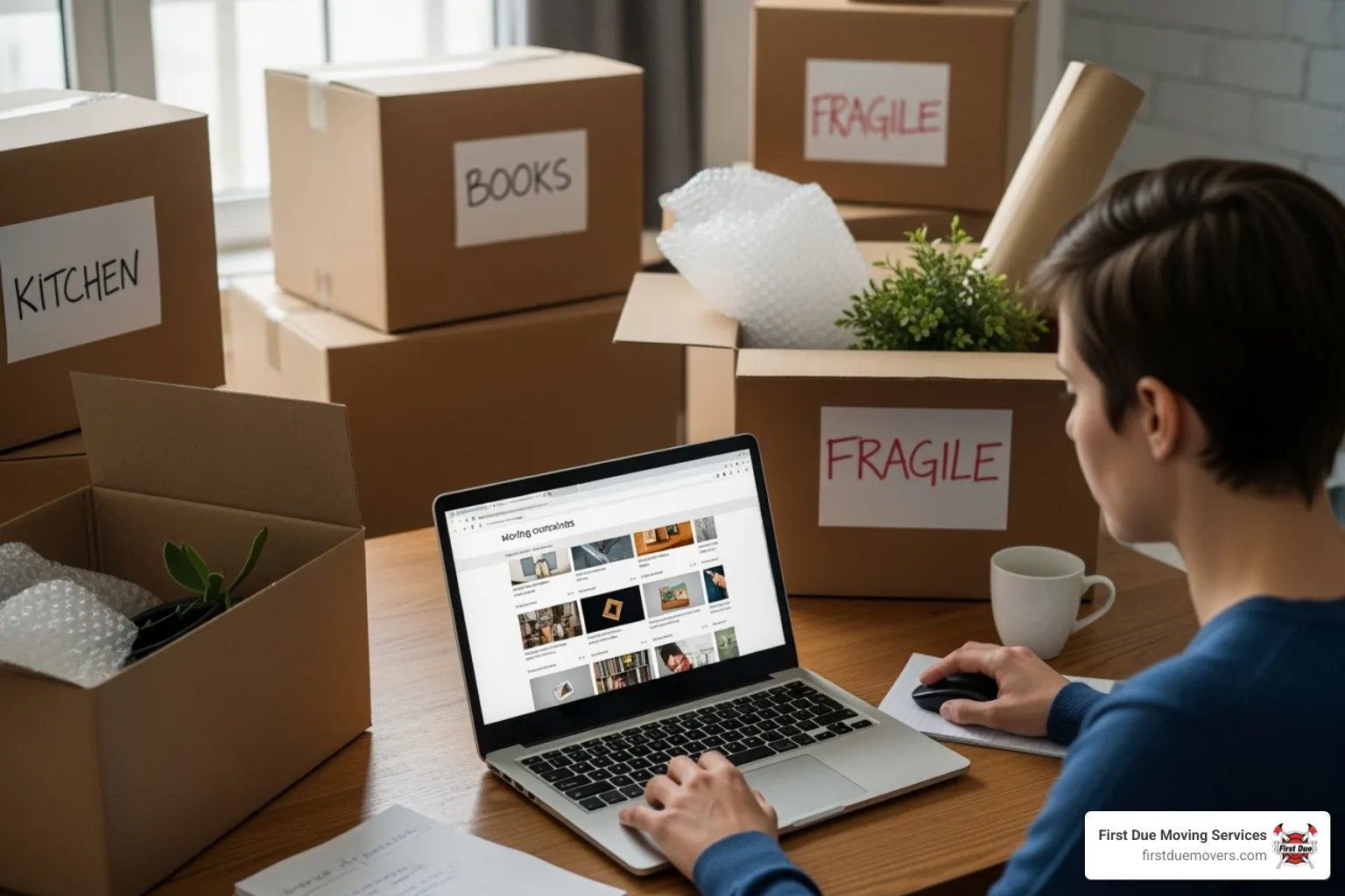 person researching movers on a laptop - trustworthy moving company