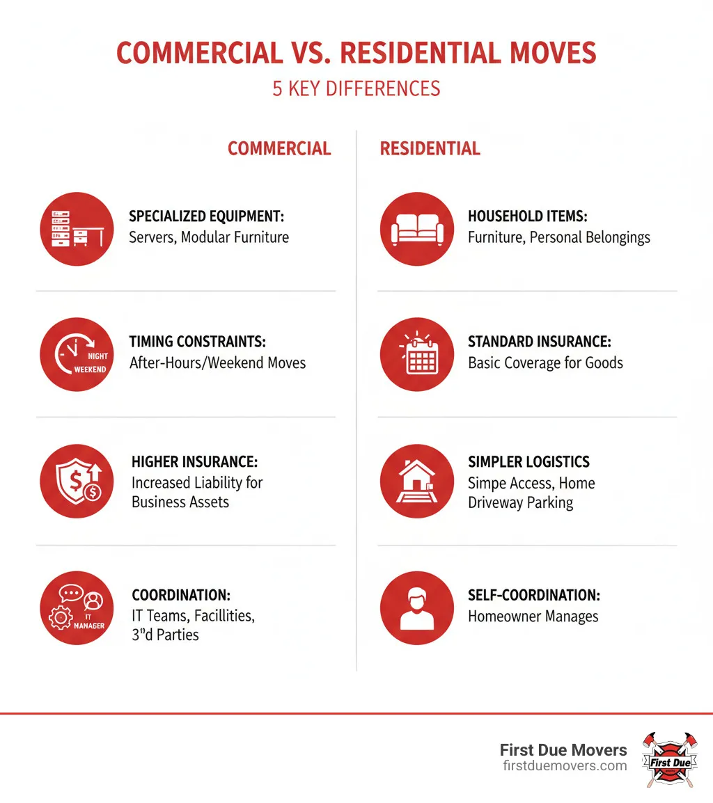 Infographic showing 5 key differences between commercial and residential moves: 1) Specialized equipment requirements (servers, modular furniture vs household items), 2) Timing constraints (after-hours or weekend moves to minimize downtime), 3) Insurance needs (higher liability coverage for business assets), 4) Logistics complexity (building access, loading docks, elevator reservations), 5) Coordination requirements (IT teams, facilities managers, third-party services) - certified commercial moving technician in clyde hill, wa infographic