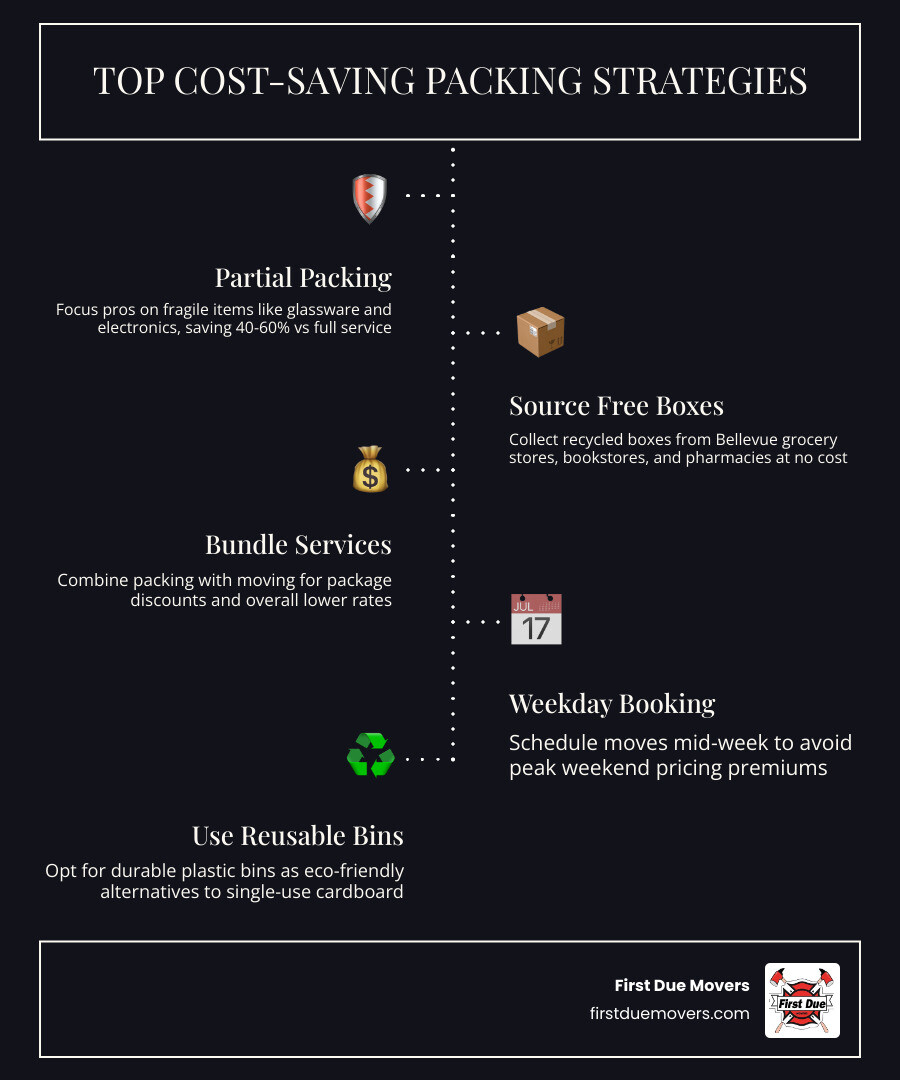 Infographic showing packing strategies: partial packing for fragile items; sourcing boxes from local Bellevue businesses; bundling packing with moving services; booking weekday services instead of weekends; and using reusable bins as sustainable alternatives to cardboard boxes - affordable packing services in bellevue, wa infographic infographic-line-5-steps-dark