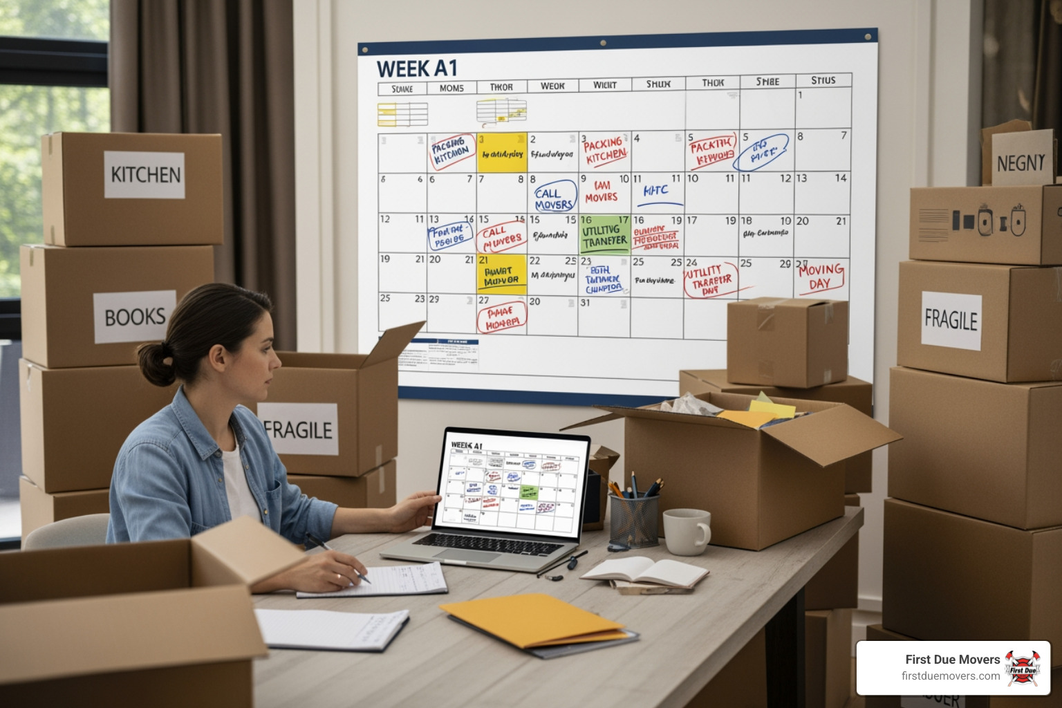 infographic showing 8-week moving timeline from initial planning and decluttering through booking movers, packing, moving day, and settling into new home with key tasks for each phase - home long distance moves in bellevue, wa