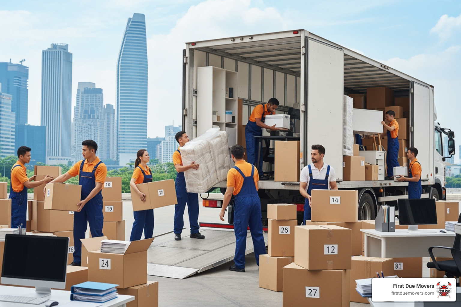 Infographic showing the complete commercial long-distance move process: Phase 1 - Initial Assessment and Planning with move coordinator consultation; Phase 2 - Pre-Move Preparation including professional packing and IT coordination; Phase 3 - Transportation with GPS tracking and secure loading; Phase 4 - Delivery and Setup with furniture reassembly and equipment installation; Phase 5 - Post-Move Support with follow-up verification and issue resolution - commercial long distance moves in bellevue, wa