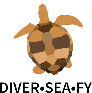 Top view illustration of a brown sea turtle above the text Diver Sea Fy.
