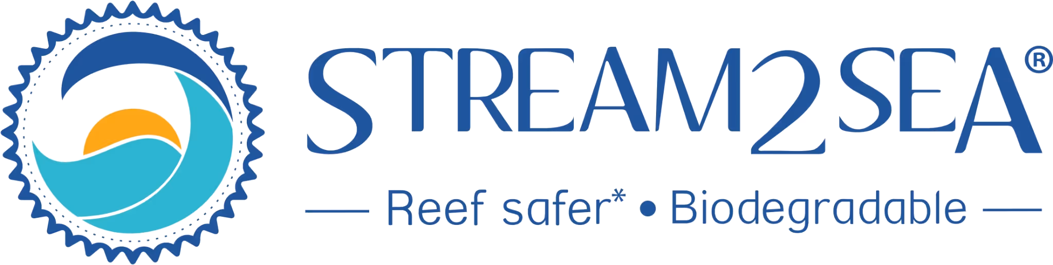 Stream2Sea logo with a circular wave and sun graphic and text saying Reef safer and Biodegradable.