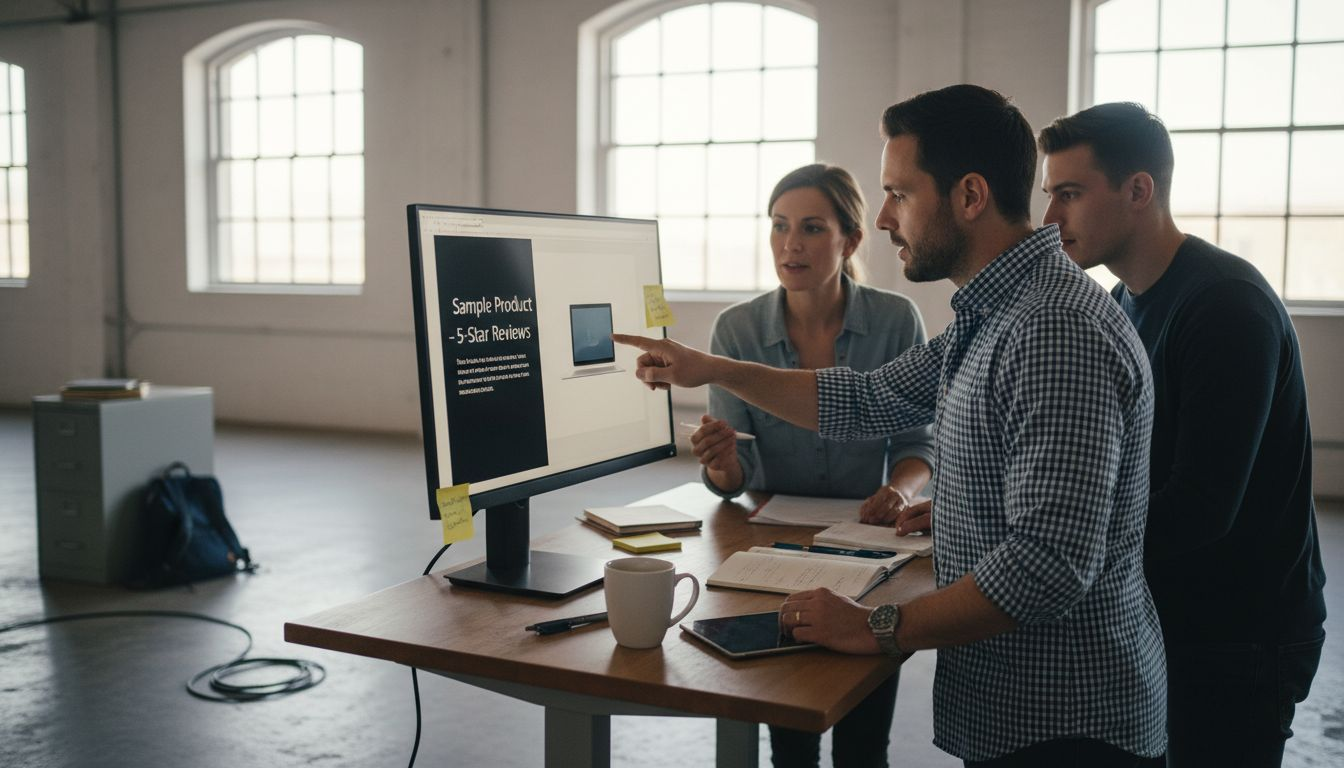 Ecommerce team reviews product mockup together