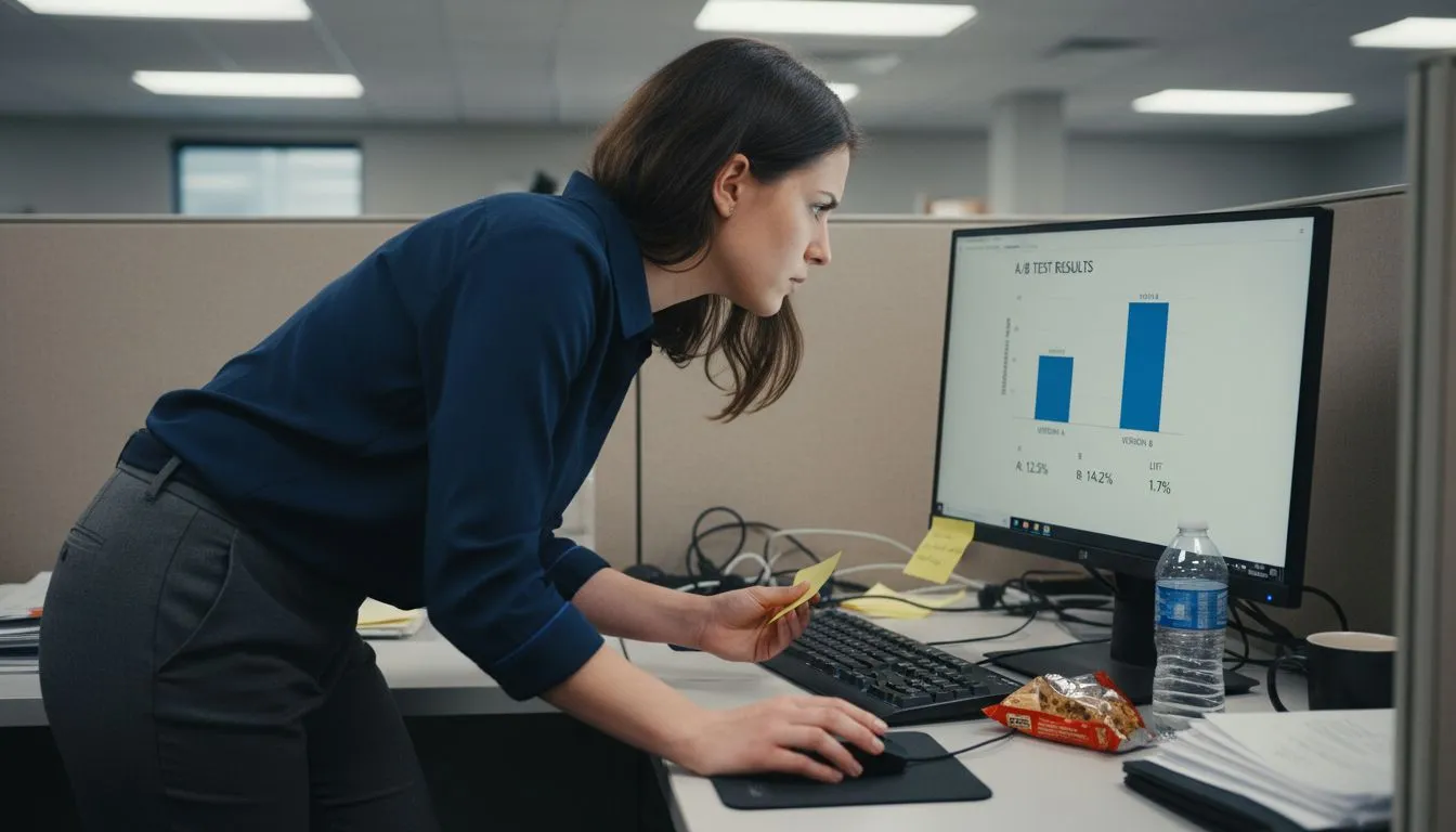 Analyst reviewing A/B test results at desk