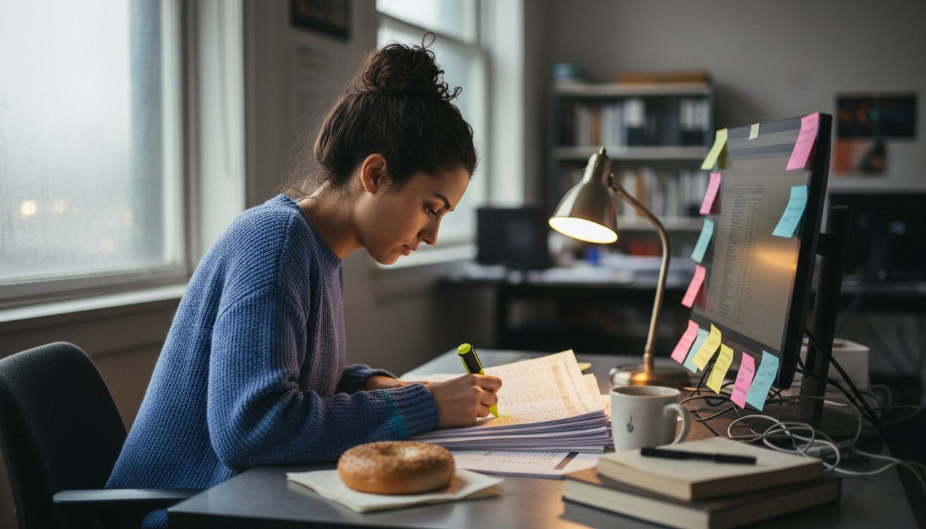 Woman organizing printed ecommerce data at desk