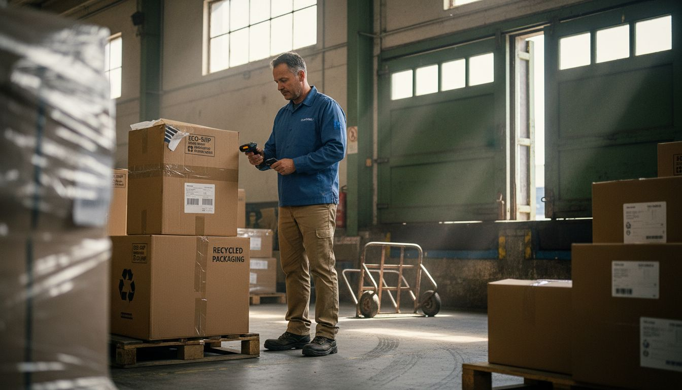 Supervisor checking recycled shipping boxes warehouse