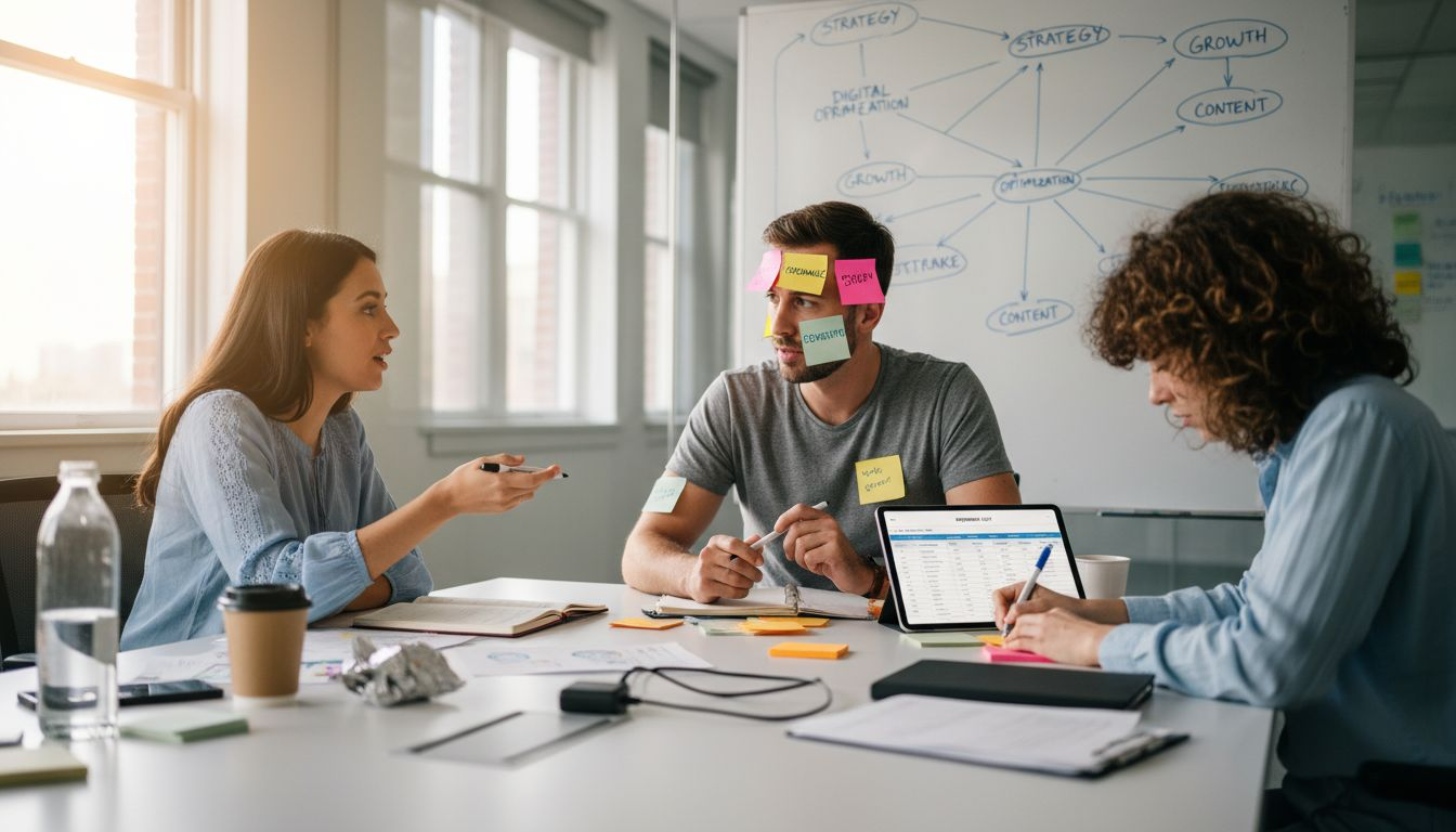 Ecommerce team collaborating on keyword ideas