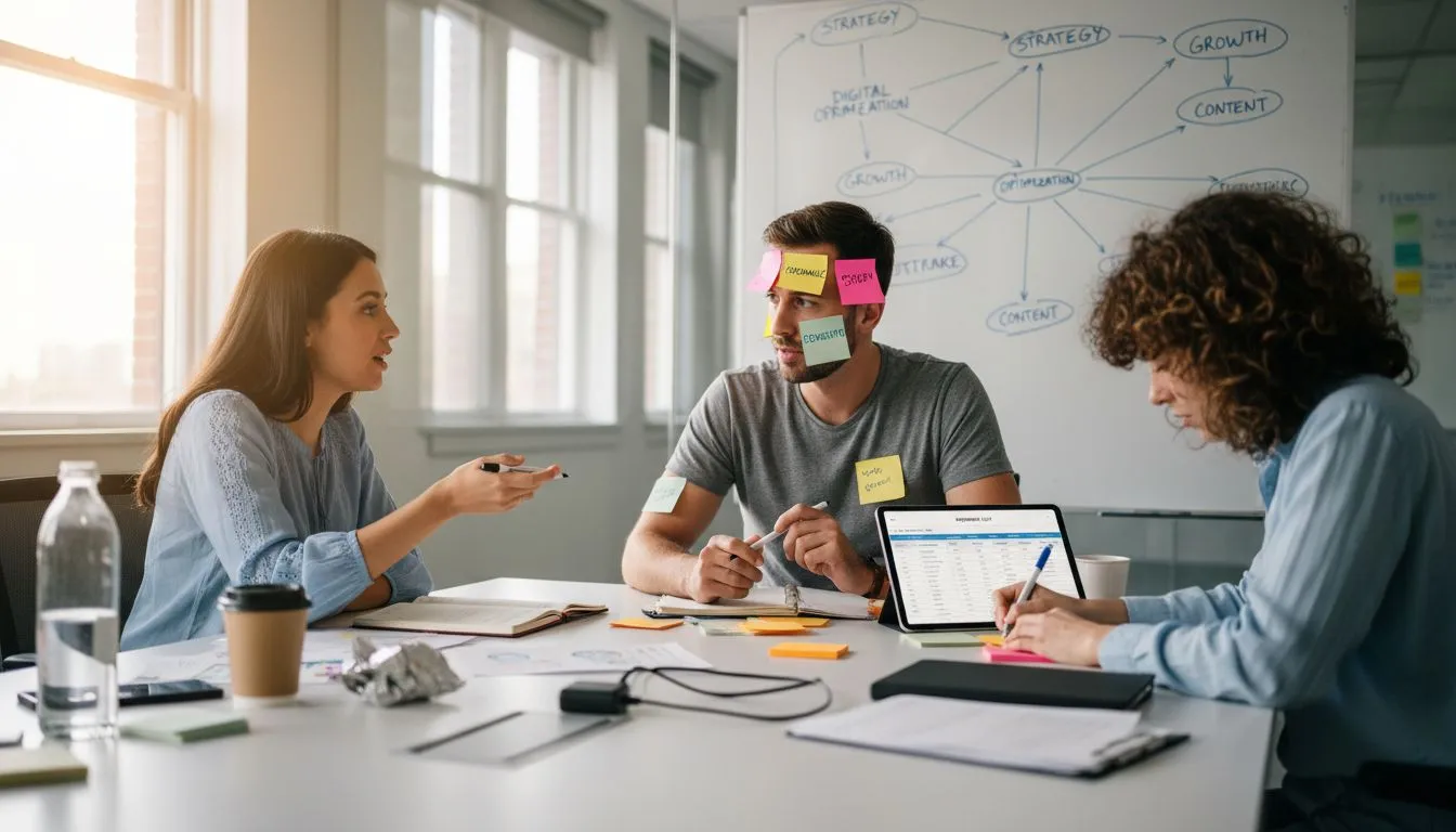 Ecommerce team collaborating on keyword ideas