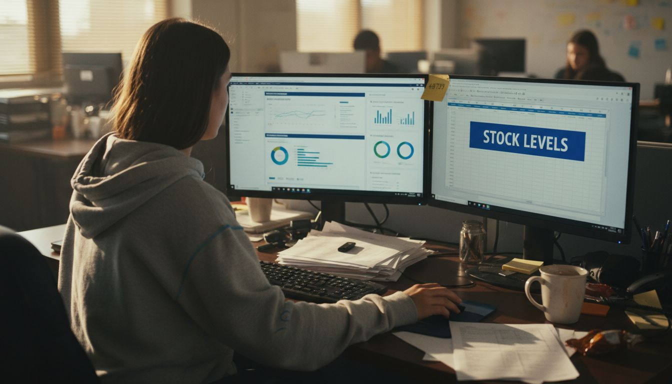 Employee managing inventory on computer desktop