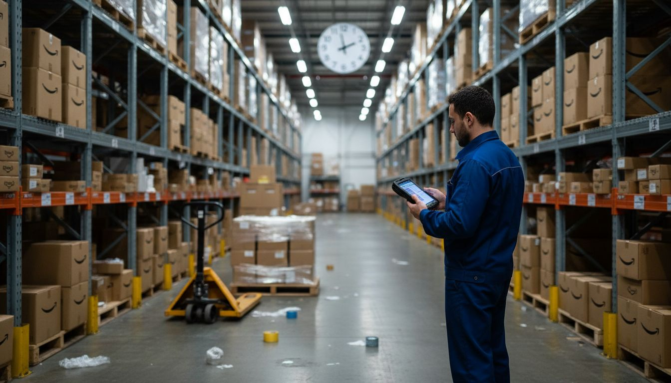Amazon FBA warehouse worker scanning inventory