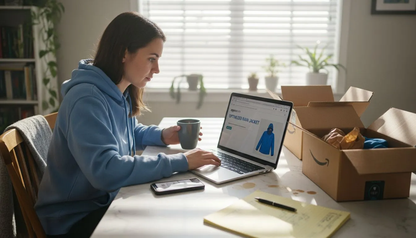 Woman optimizing product listing on laptop