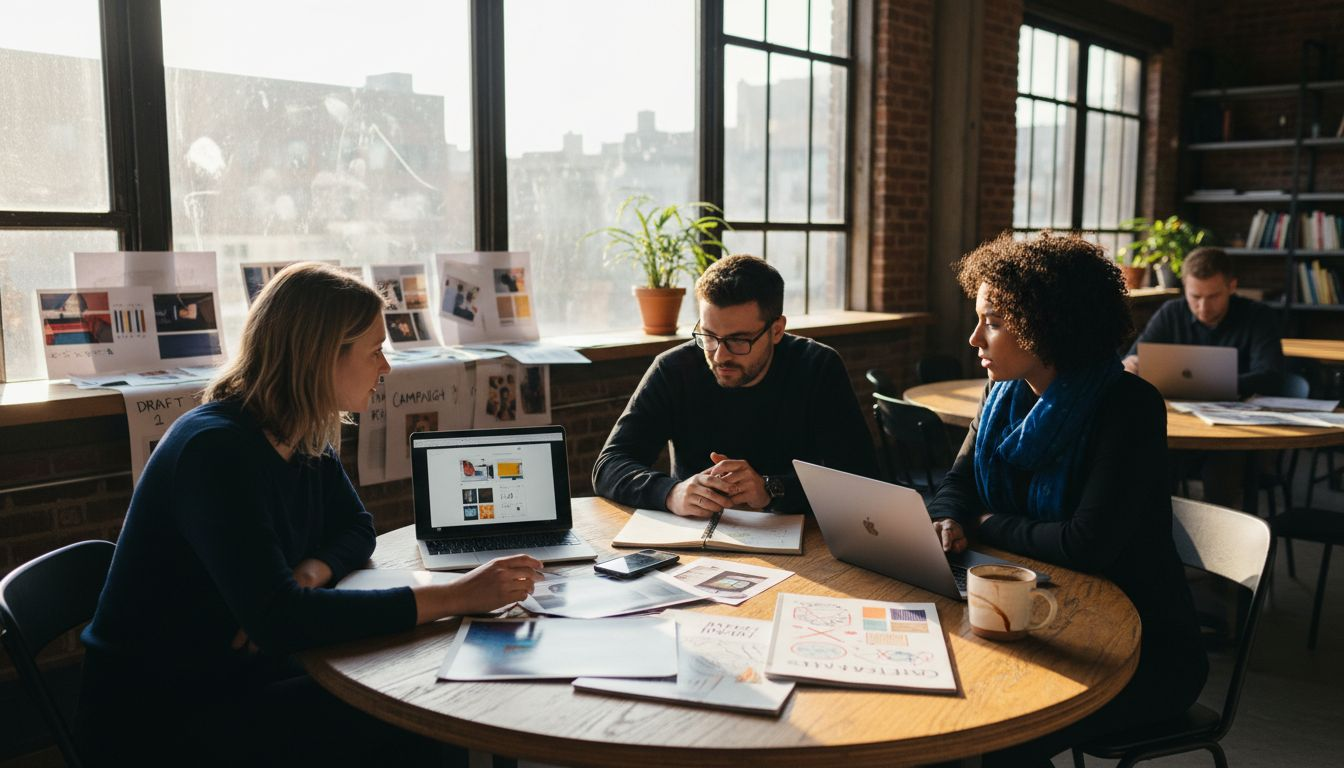 Agency team collaborating over product catalogs