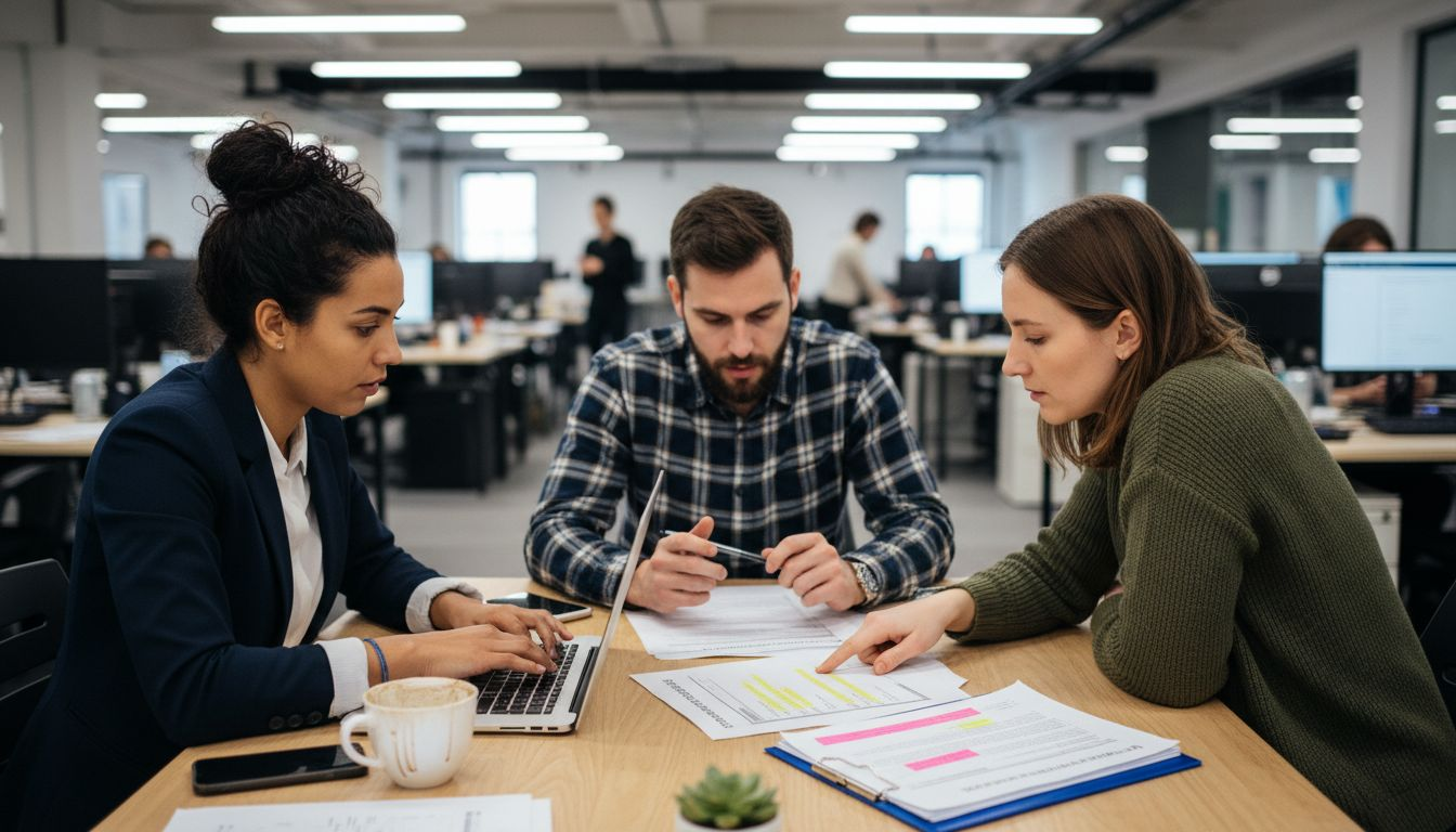 Team reviewing ad analytics at workspace