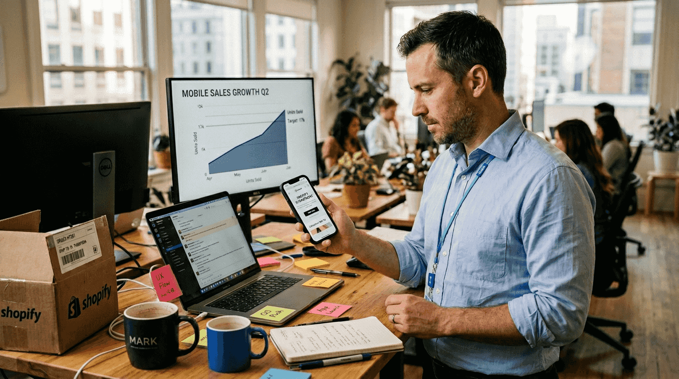 Staff testing Shopify mobile storefront in office