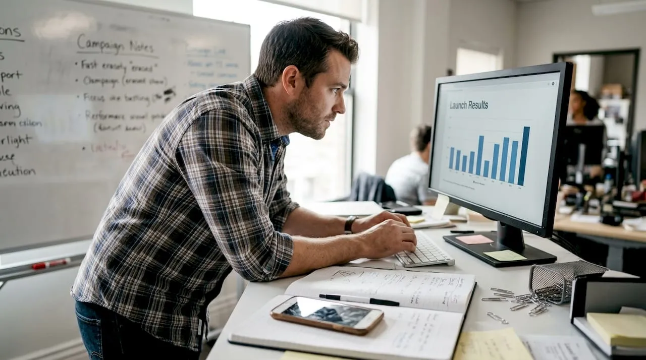 Marketer reviews campaign results data at desk