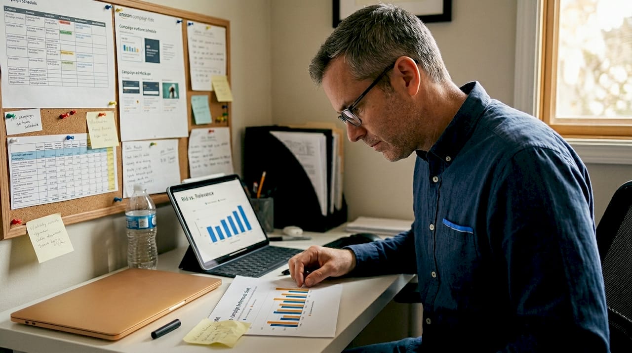 Marketing analyst reviewing PPC auction reports