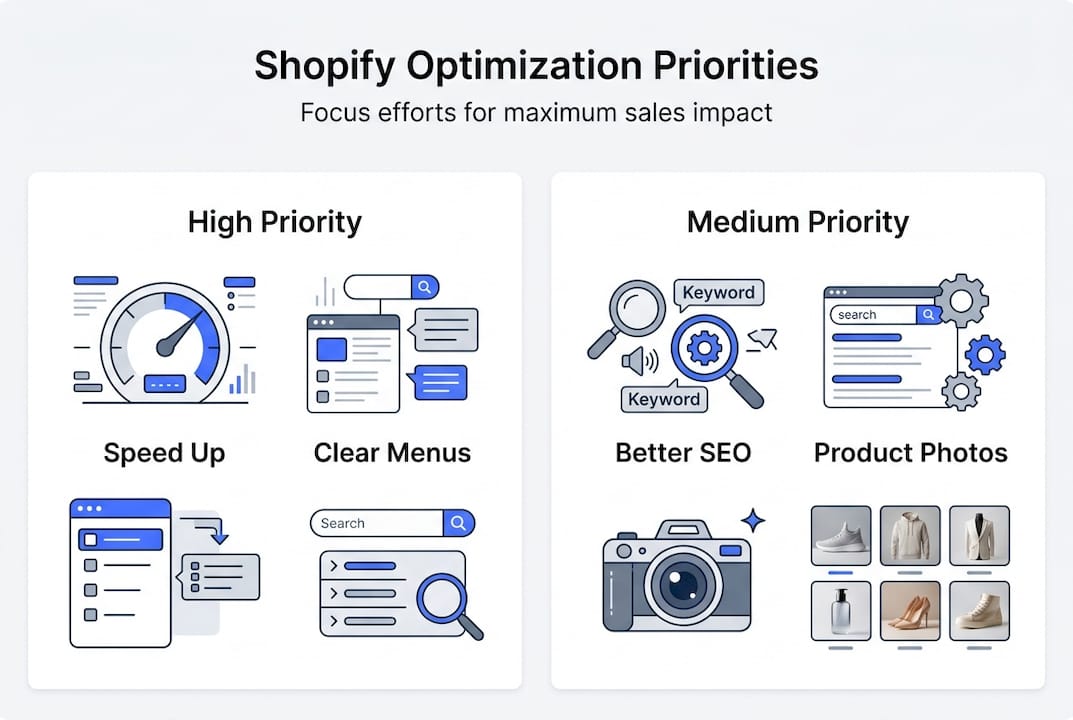 Infographic showing Shopify optimization priorities