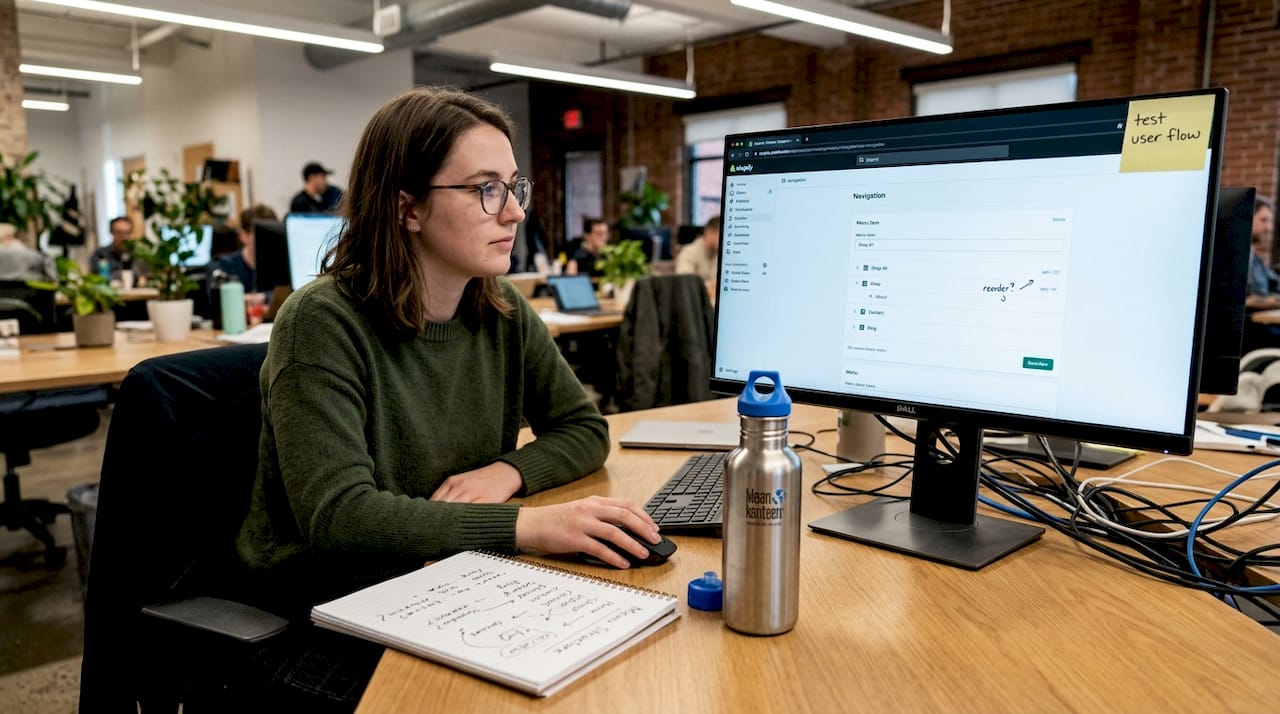 Web designer editing navigation in office