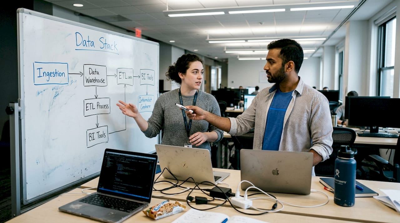 Colleagues plan ecommerce data infrastructure on whiteboard