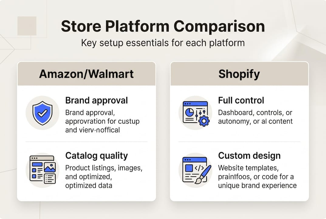 Infographic comparing Amazon Walmart Shopify essentials