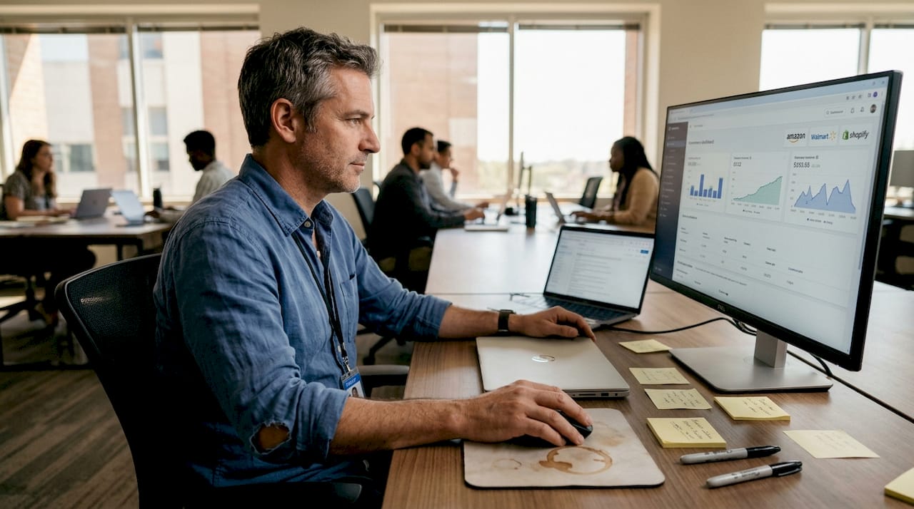 Man using omnichannel ecommerce dashboard at desk