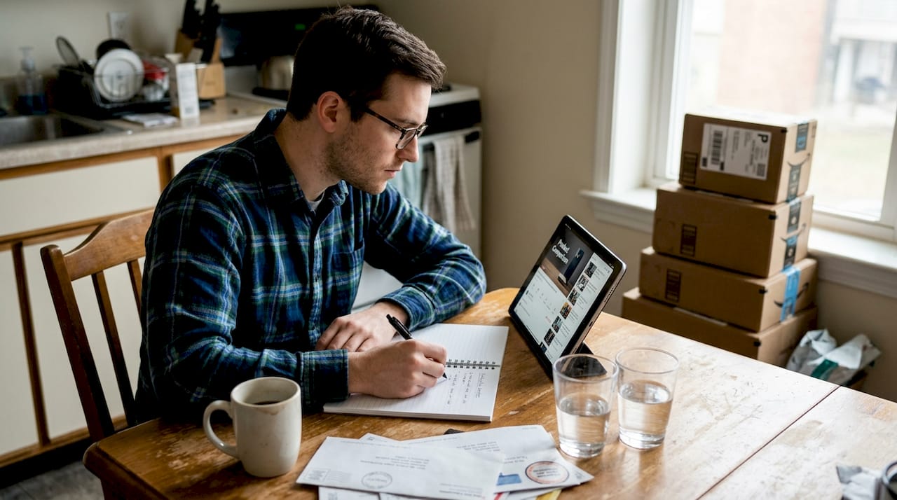 Shopper watching product video at kitchen table