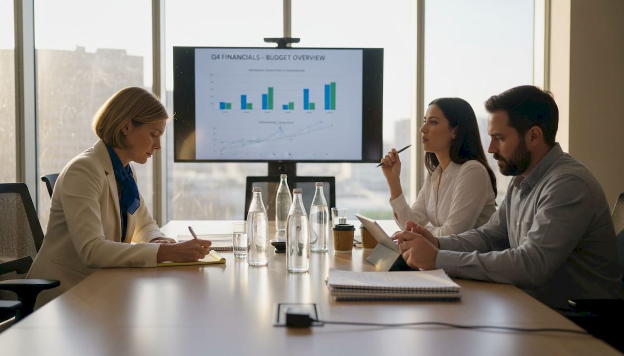 Team in meeting reviewing budget charts