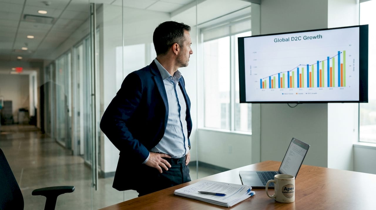 Executive studying global D2C market statistics