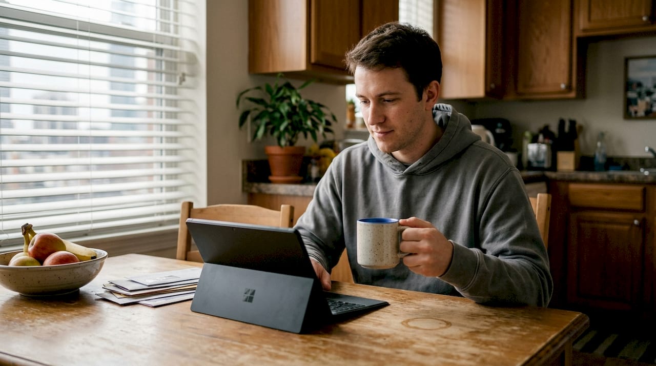 Shopper browsing ecommerce site at kitchen table