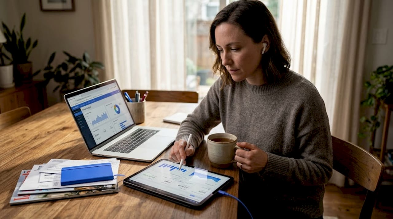 Worker reviewing retail media ads at dining table