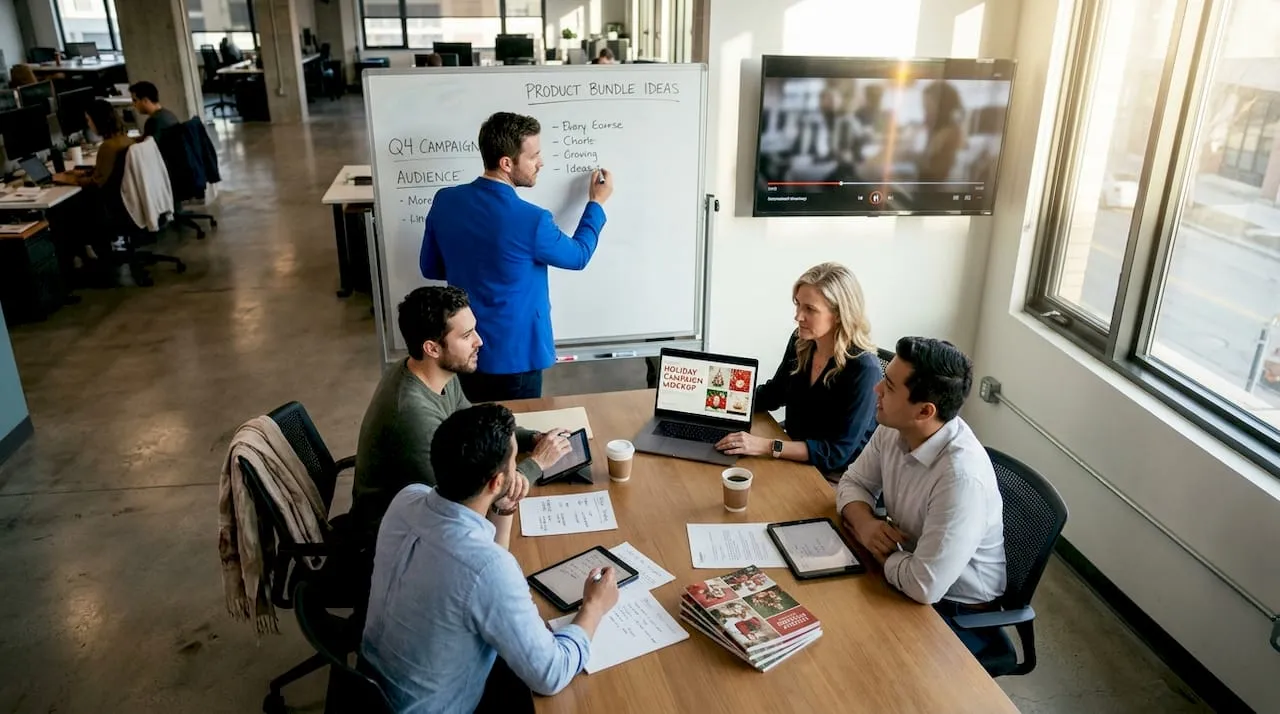 Marketing team brainstorming ecommerce holiday campaigns