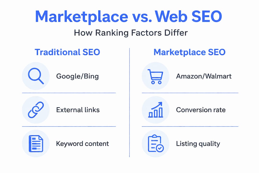 Infographic comparing marketplace and web SEO factors
