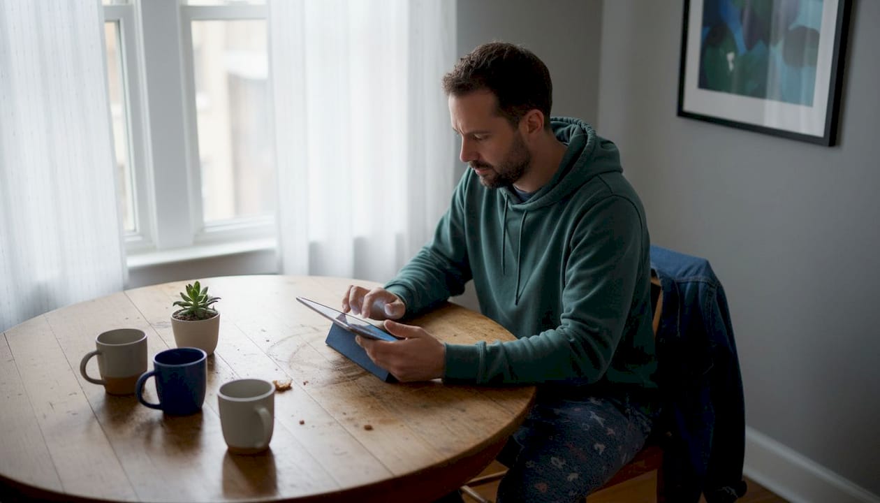 Man reviewing lifestyle product photos at kitchen table
