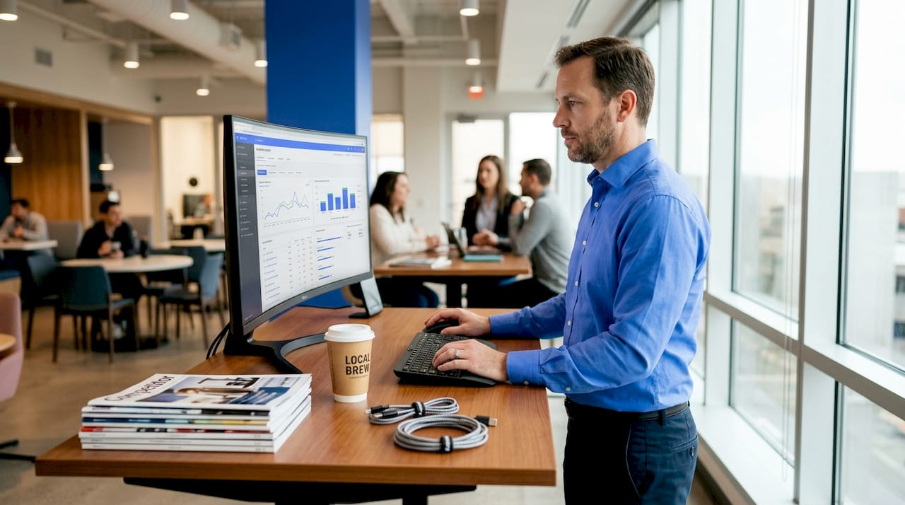 Analyst reviewing ad performance data workspace