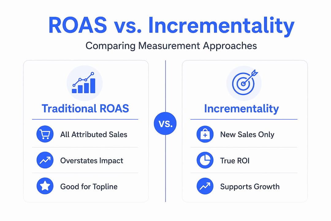 Infographic comparing ROAS and Incrementality frameworks