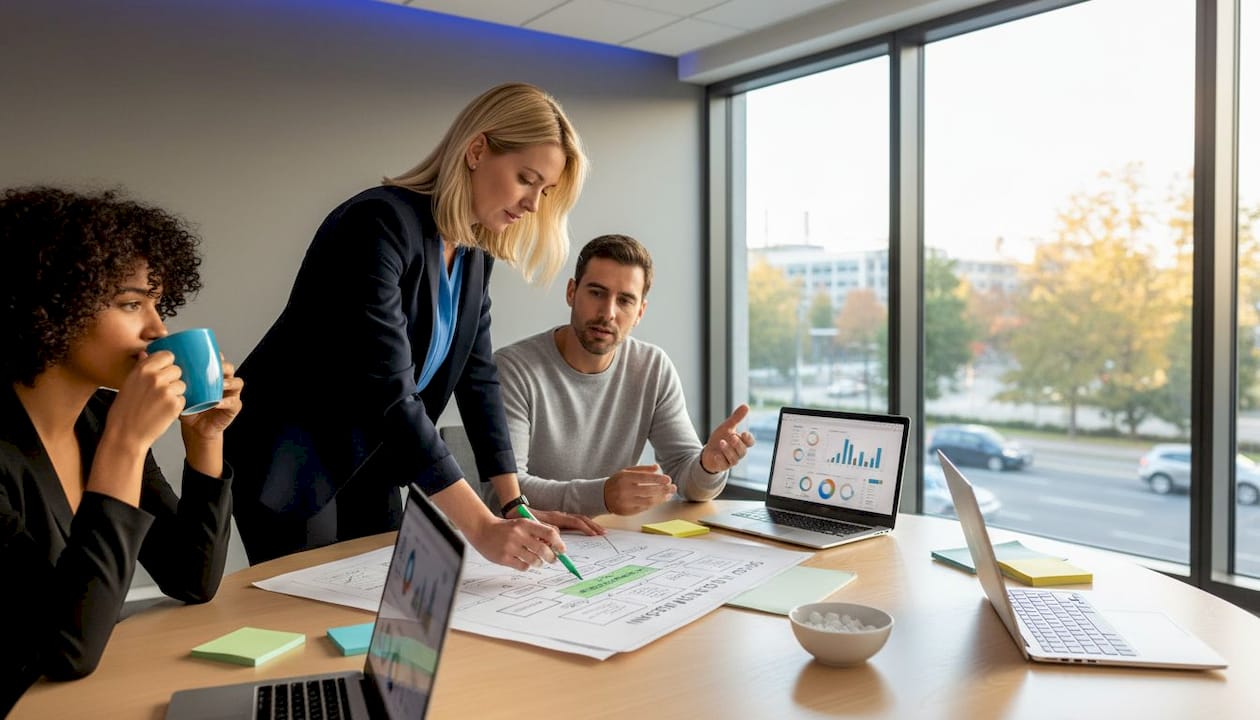 Marketing team reviewing campaign flowchart