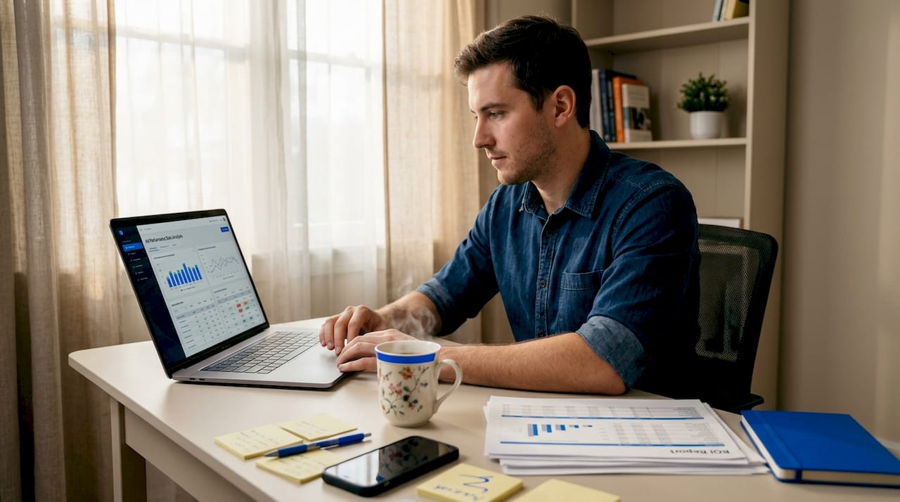 Man analyzing ad data at home office laptop