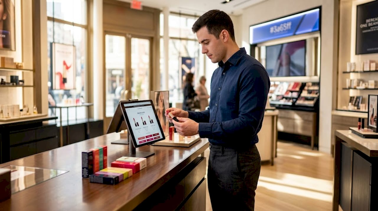 Customer comparing product to website in store