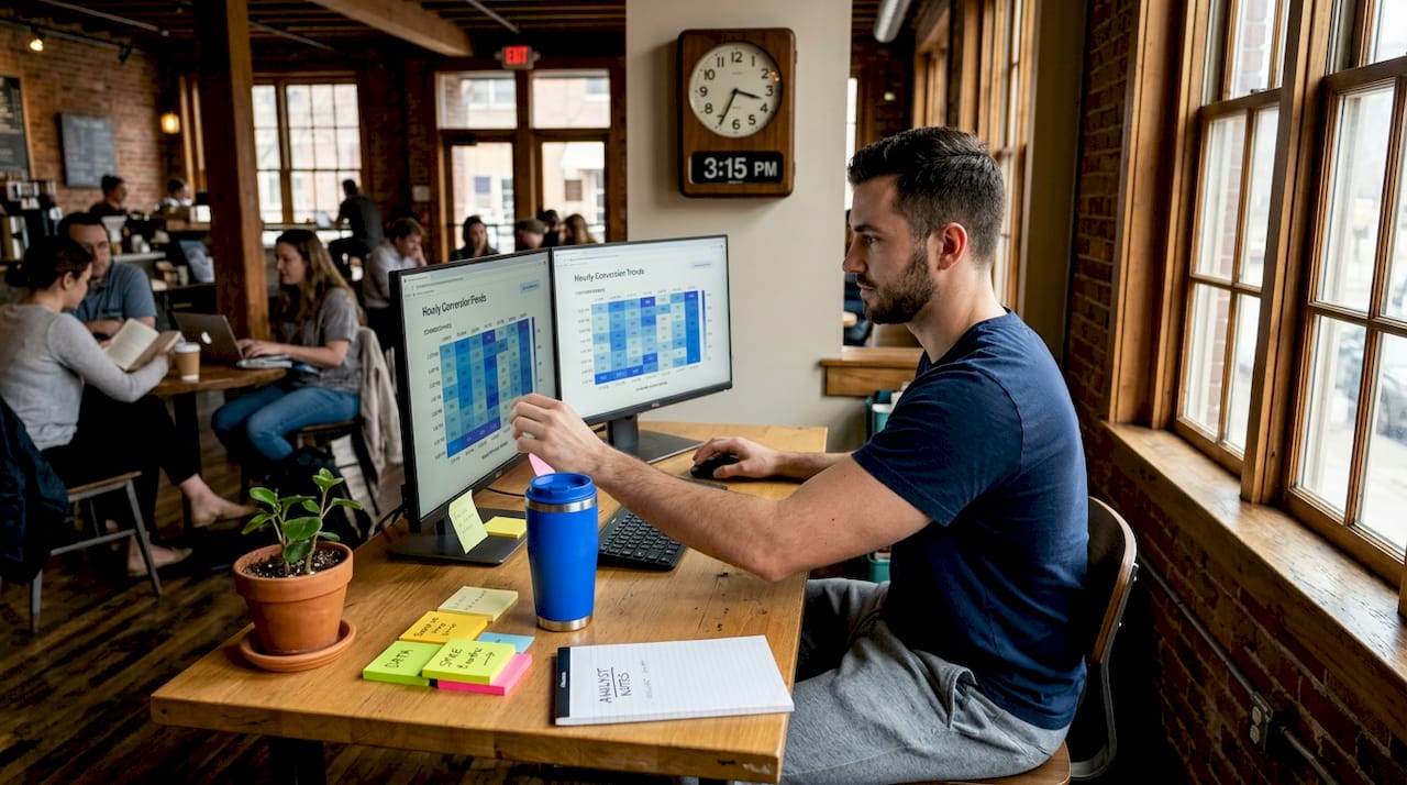 Analyst reviewing hourly conversion spikes workspace