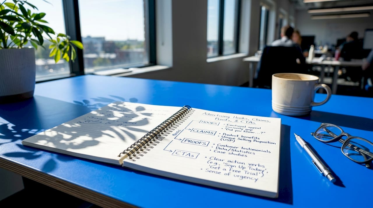Notebook with handwritten ad copy notes
