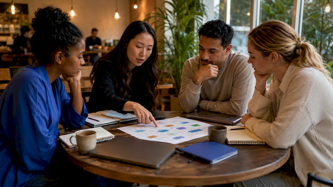 Team discussing creative workflow process