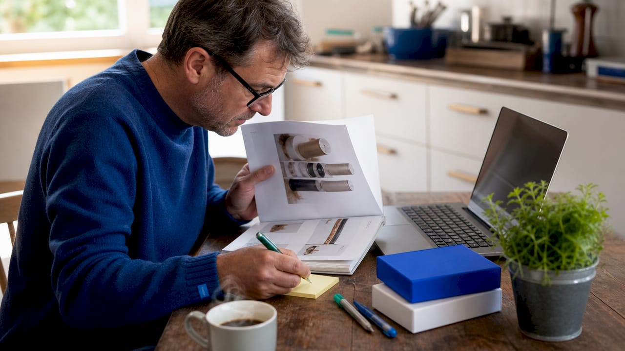 Man reviewing product catalog with notes