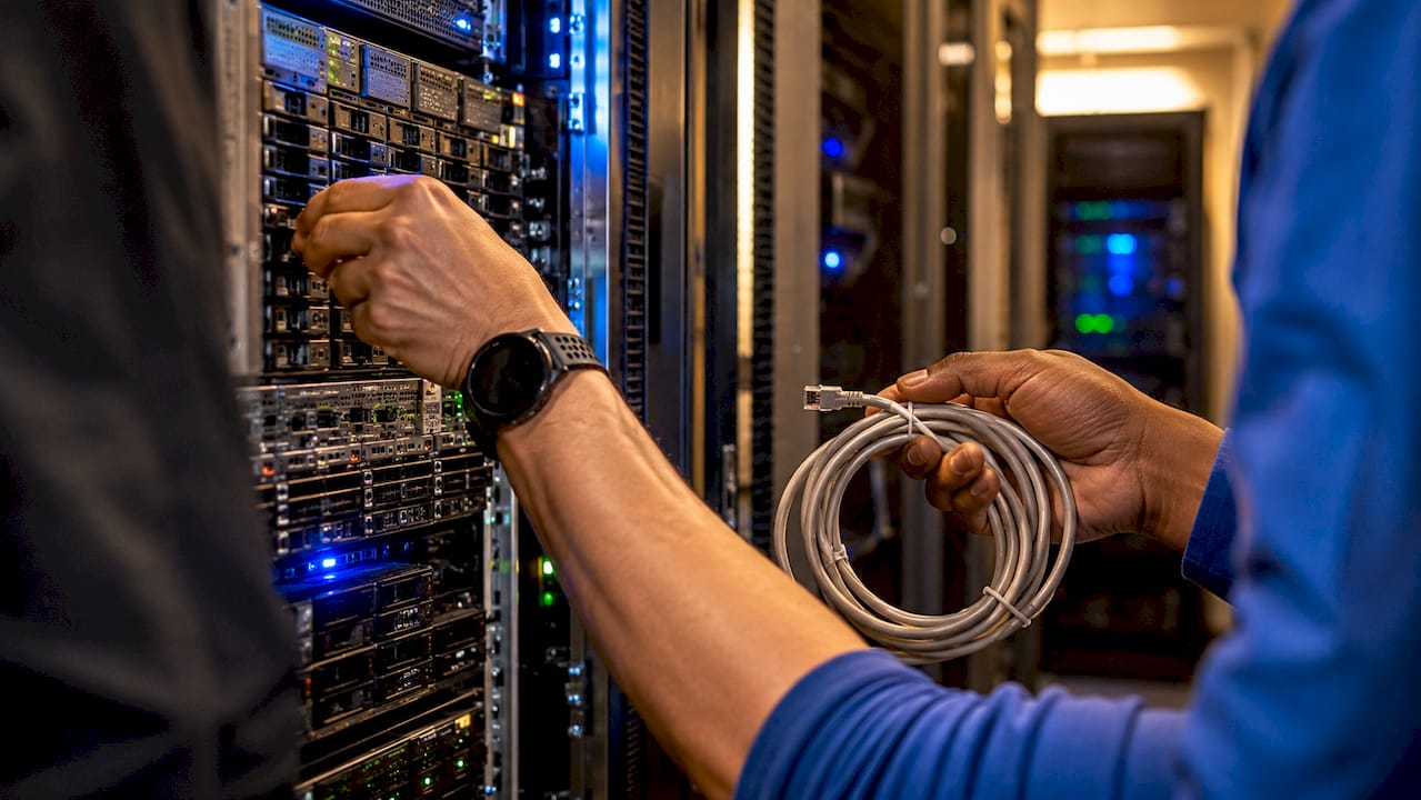 Hands adjusting cables in data center server racks