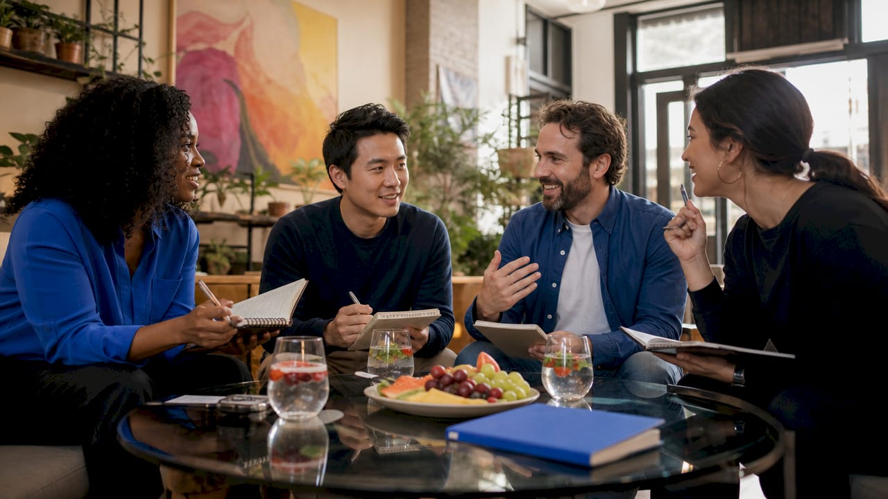 Cross-functional team discussing product launch strategy