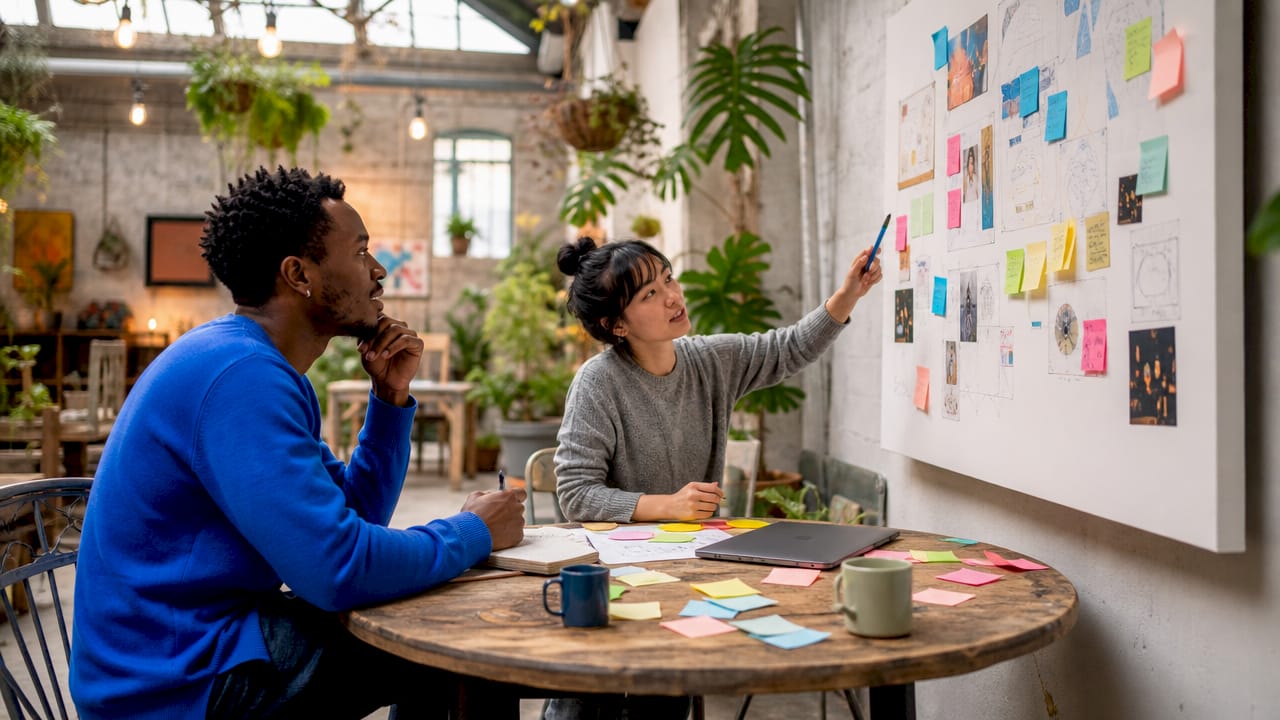 Colleagues planning brand growth strategy collaboratively