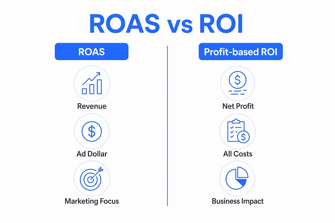 Infographic comparing ROAS and profit-based ROI metrics